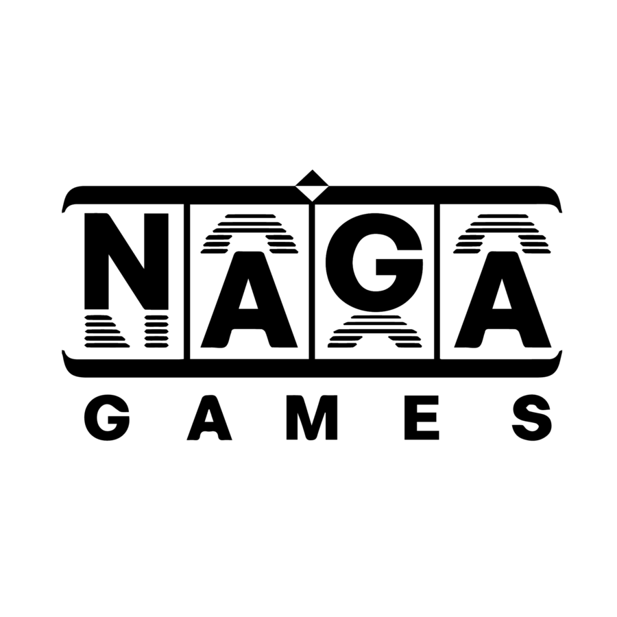 โลโก้ค่ายเกม NAGA GAMES ออกแบบให้เป็นรูปเรียงของตัวอักษร N A G A คล้ายกับวงล้อสล็อต ด้านล่างมีคำว่า GAMES ผู้ให้บริการเกมสล็อตและคาสิโนออนไลน์
